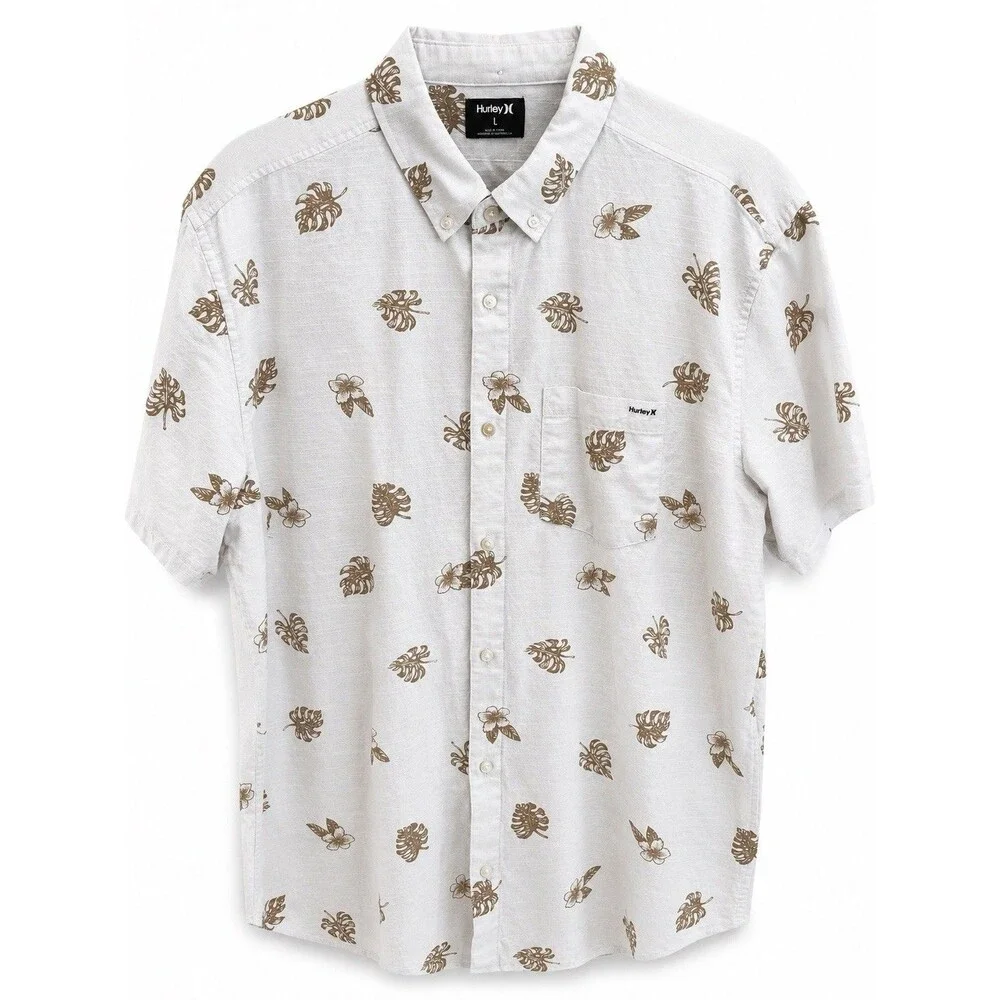 Hurley Men's Tropical Hawaiian Button Up Shirt White Brown Leaf Floral L